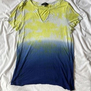 Rock and republic tie dye ombre blue and yellow shirt with triangle cut out